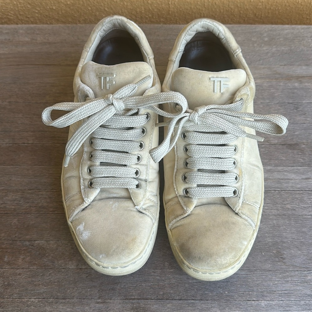 Tom Ford Ladies Russel White Velvet Low-Top Sneakers Size 36